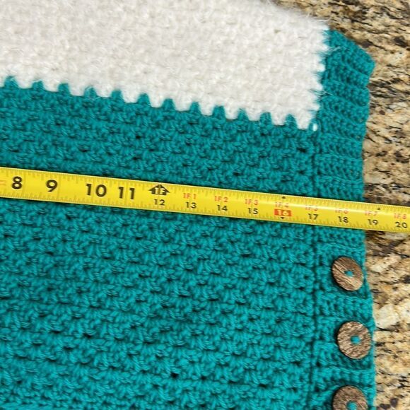 Hand Knitted White Turquoise Short Sleeve Turtleneck Crop Sweater Size XS/S - Picture 4 of 5